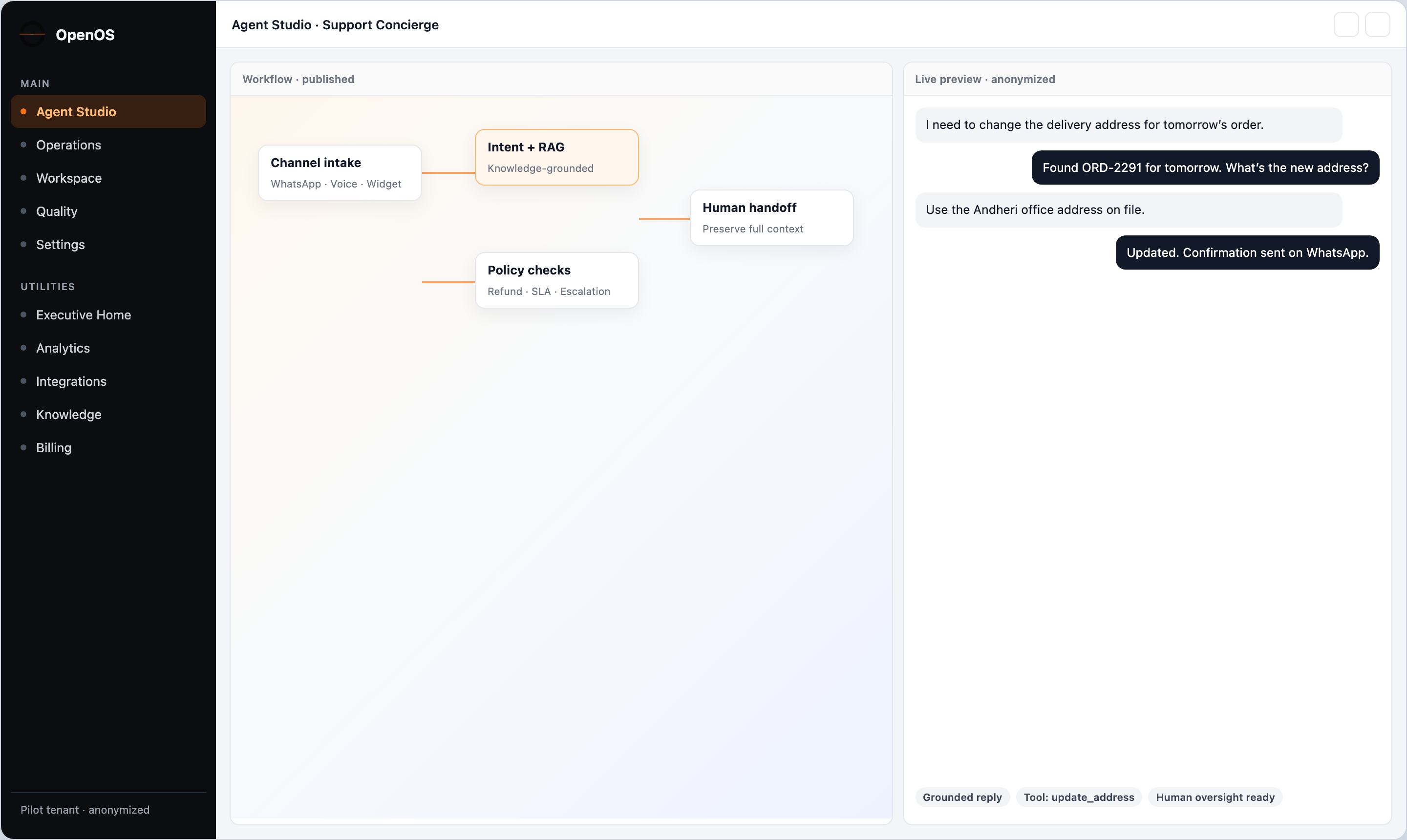 Agent Studio workflow canvas and live preview