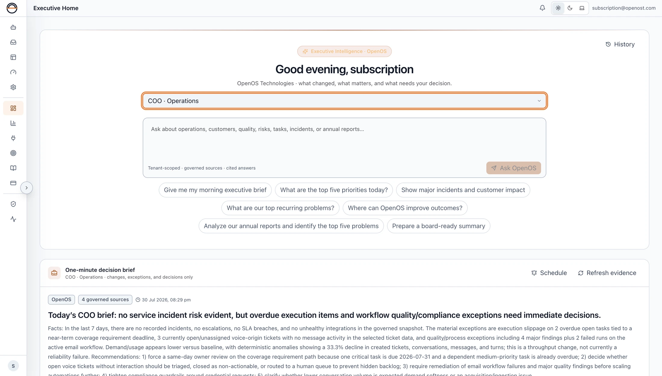 OpenOS Executive Home: role-scoped greeting, Ask OpenOS input with suggested executive questions, and the start of a COO one-minute decision brief