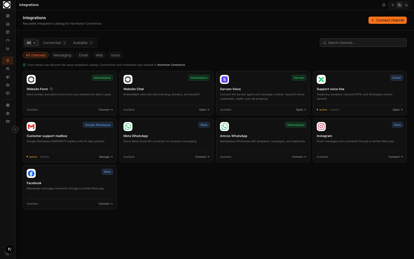 OpenOS integration control plane showing tenant-scoped connection health