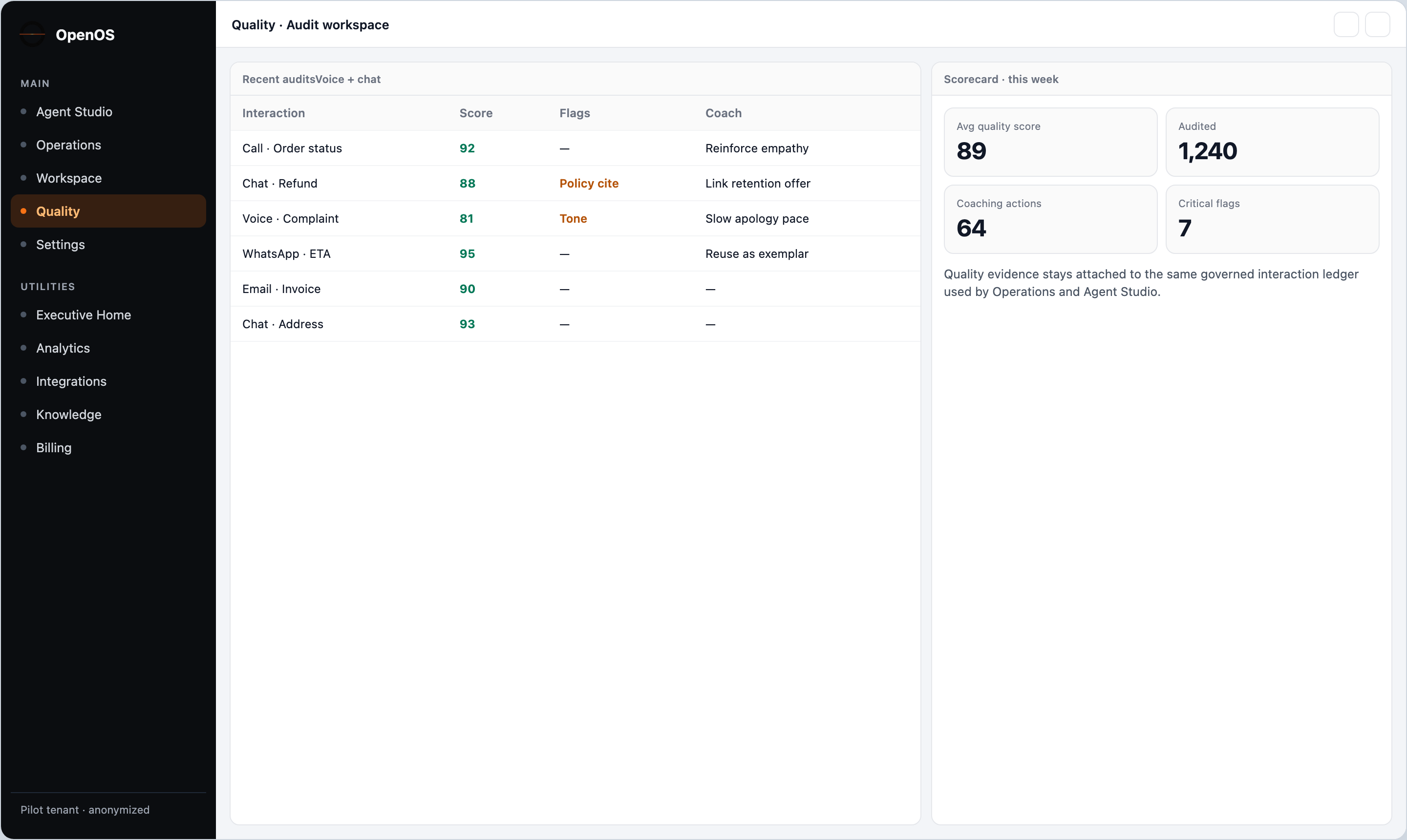 Quality audit workspace with scores and coaching